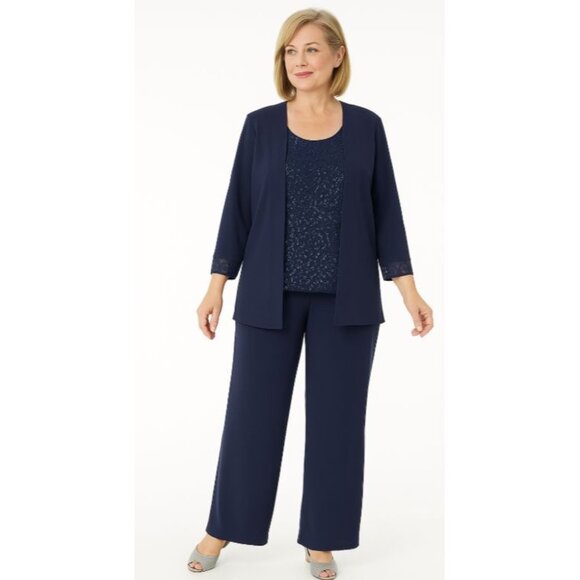 R&M Richards Size 14W  Attached  Shell 2-Piece Suit With Lace Details Navy Blue - Picture 4 of 14